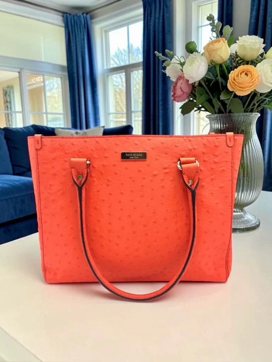 Kate Spade Wellesley Quinn Tote – “Flame” Ostrich Embossed Leather - Picture 1 of 7